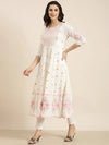 Women Anarkali Off White Floral Kurta and Trousers Set Comes With Dupatta-RJF-2150-Offwhite