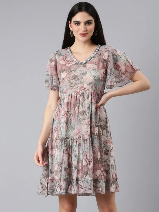 Women Grey Floral Empire Dress-DW-3456-Grey