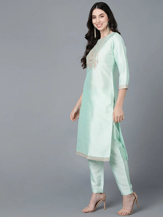 Ahika Women Green Poly Silk Embroidered Kurta Trousers With Dupatta