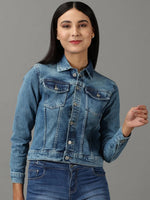 Women's Blue Solid Denim Jacket-GZ-5499-Blue