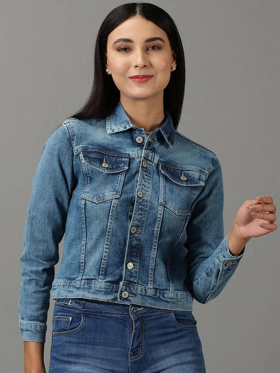 Women's Blue Solid Denim Jacket-GZ-5499-Blue