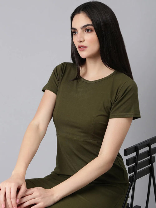 Women Olive Solid Bodycon Dress-AE-506-Olive