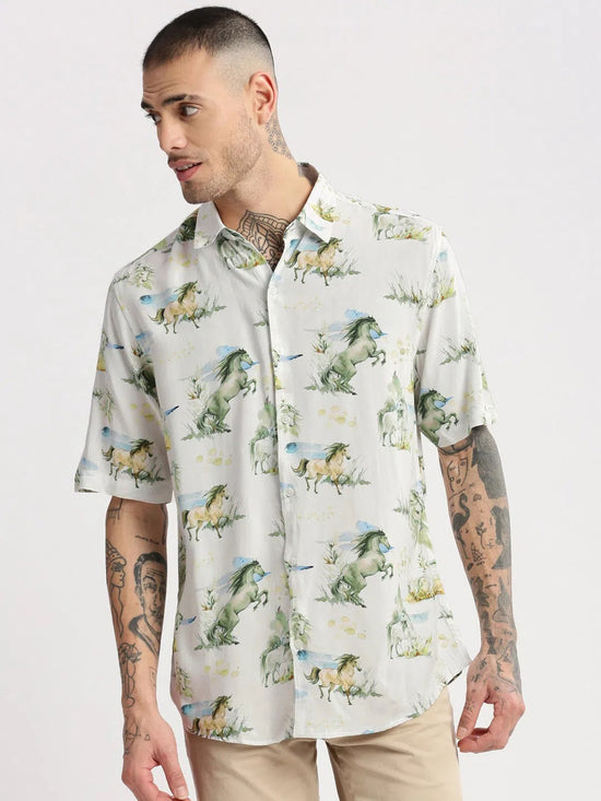 Men Spread Collar Animal Off White Casual Shirt-ZEPTO-2222-Offwhite