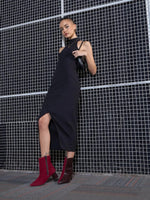 Women Black Rib Front Slit Bodycon Midi Dress