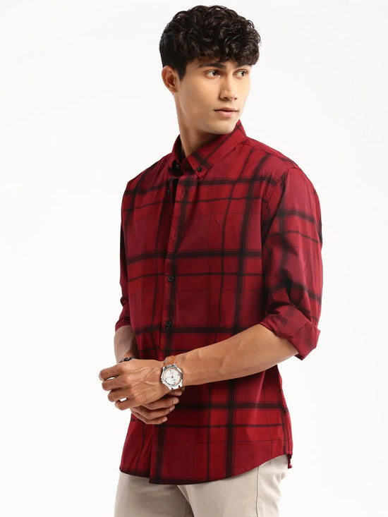 Men Maroon Spread Collar Windowpane Checks Shirt-HEPTAGON-2036-Maroon