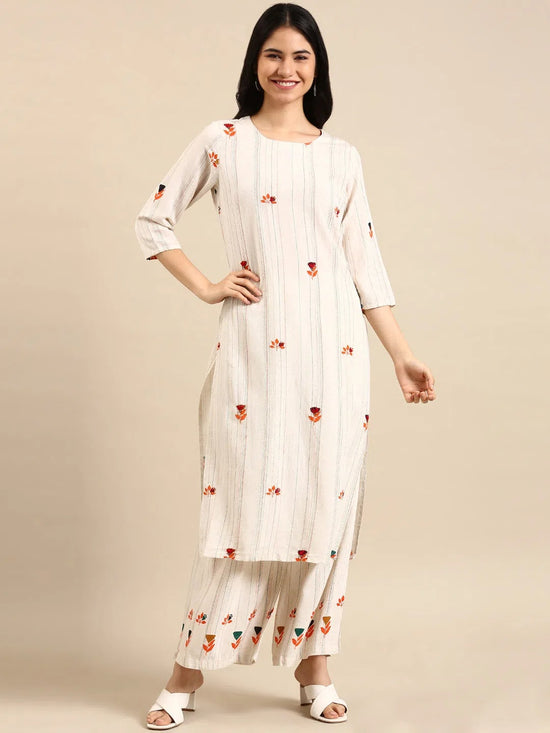 Women's White Striped Kurta Set-GW-617-Offwhite