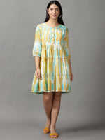 Women's Green Tie Dye Fit and Flare Dress-GW-3286-Seagreen