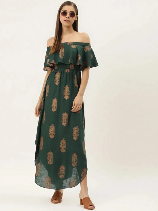 Off shoulder Flare yoke and U hem maxi dress in bottle green