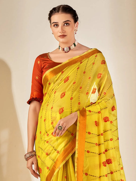 Saree Mall Women's Cotton Blend Lemon Yellow Woven Design Designer Saree With Blouse Piece-MYSHA82306