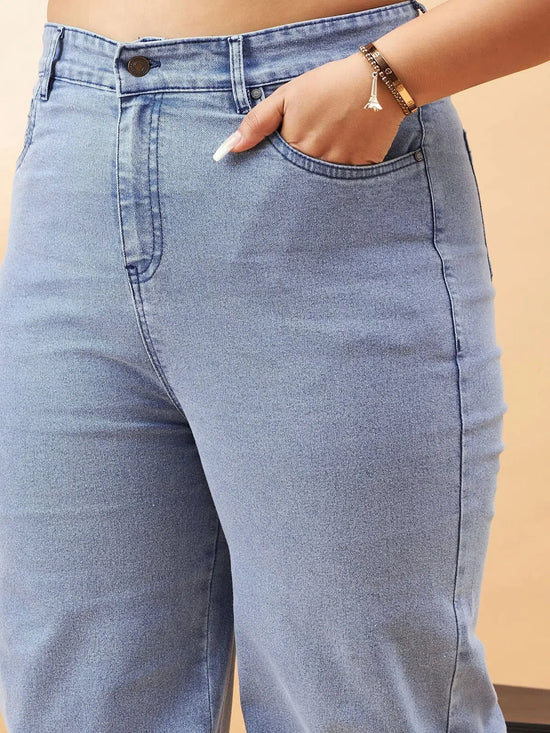 Women Ice Blue Hem Pockets Straight Jeans