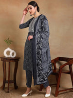 Ahika Women Navy Blue Viscose Rayon Printed Straight Kurta Pant Set