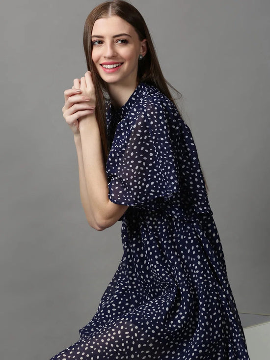 Women's Blue Printed Fit and Flare Dress-AE-7071-Navyblue