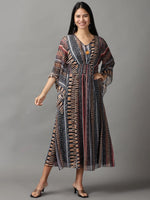 Women's Black Printed Kaftan Dress-DW-1257-Black