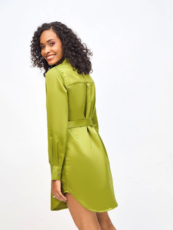 Women Olive Satin Belted Shirt Dress