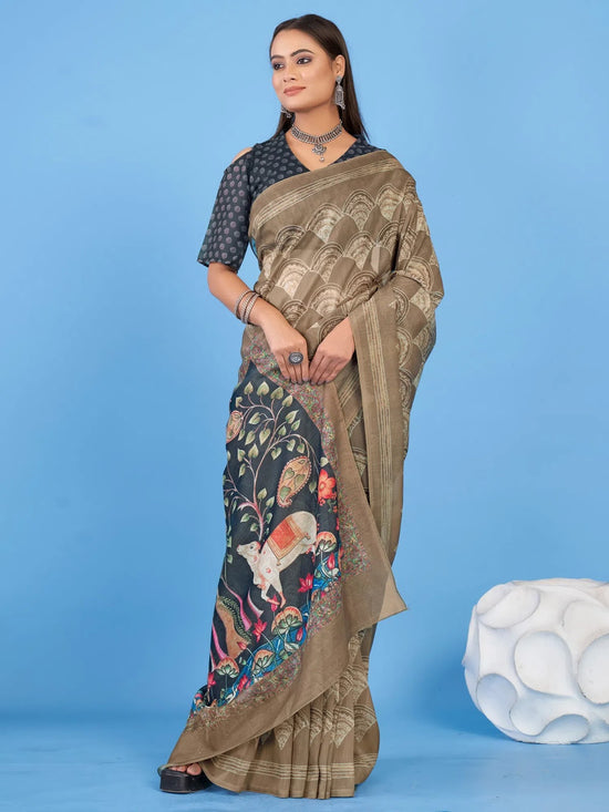 Saree Mall Women's Linen Blend Beige Printed Designer Saree With Blouse Piece-SUMER107