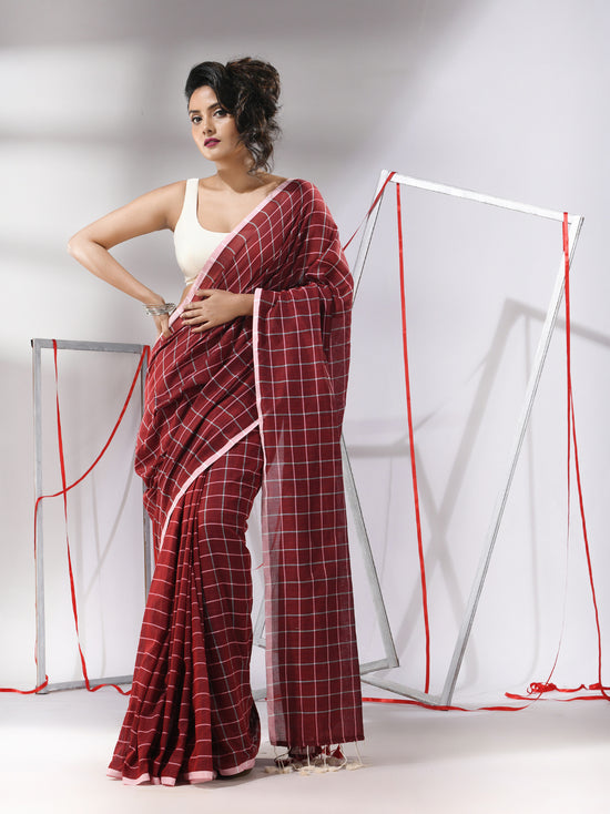 Dark Red Cotton Saree With Check Designs-MA55CT06520136