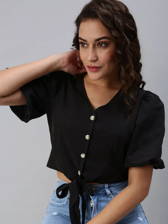 Women's Black Solid Crop Top-SH-7172-Black