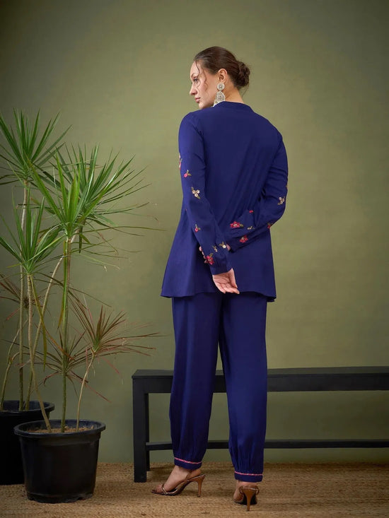 Women Royal Blue Sleeve Embroidered Shirt With Cuff Pants