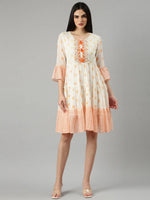 Women Off White Printed Fit and Flare Dress-RJF-005-Offwhite