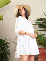 Women White Poplin Puff Sleeves Gathered Dress