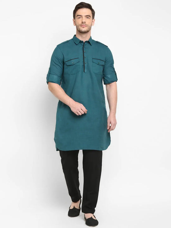 Hangup Men Standard Solid Men's Indian Wear-DarkSlate_Piping_PathaniKurta