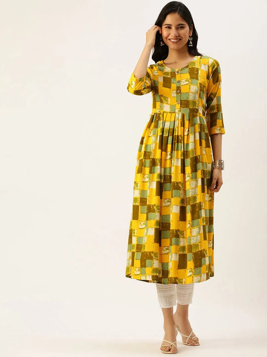 Women's Yellow Printed A-Line Kurtas-ON-535-Yellow