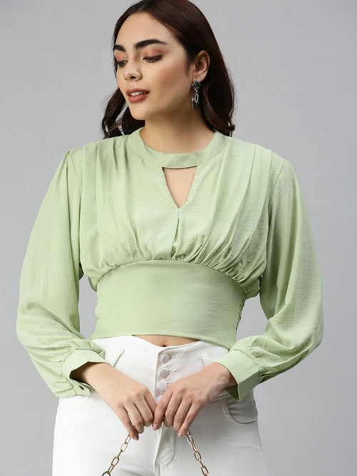 Women's Long Green Solid Top-AE-10284A-Green