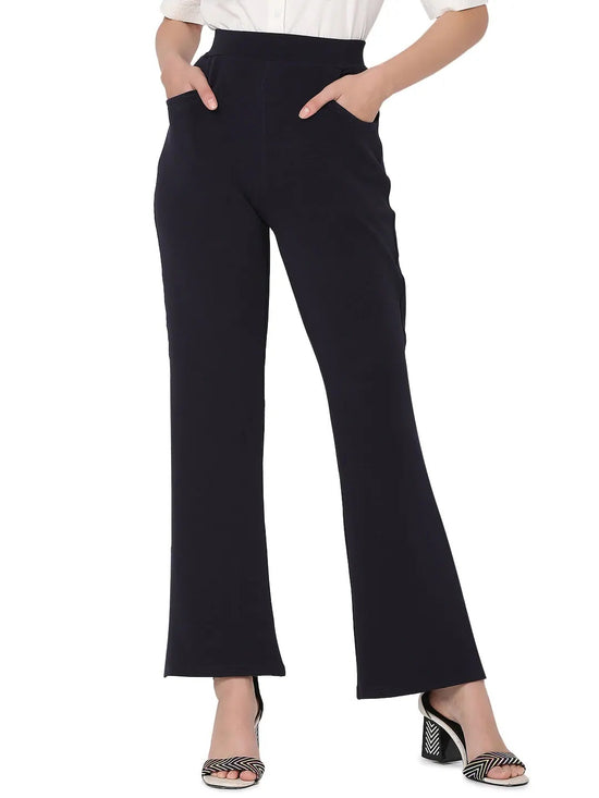 Smarty Pants Women's Cotton Lycra Bell Bottom Navy Blue Formal Trouser