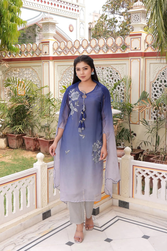 Vaasva Women Blue Tabby Slik Print & Embroidered Kurta, Pant & Dupatta Set