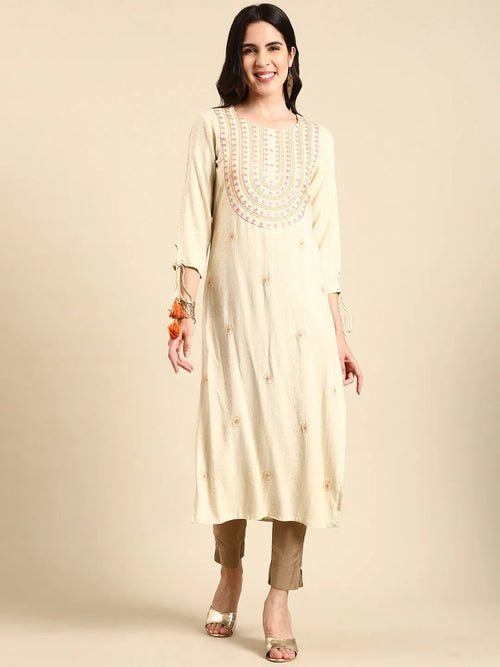 Women's Cream Embroidered Straight Kurta-GW-2421-Cream