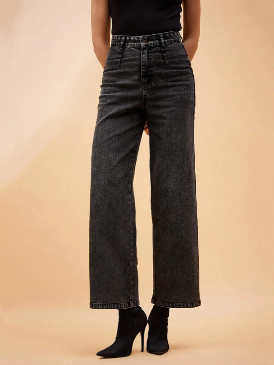 Women Black High Waist Front Dart Jeans