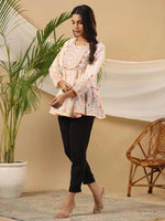 The Wonderland Women Peach Floral Printed Cotton Peplum Tunic With Thread Embroidery