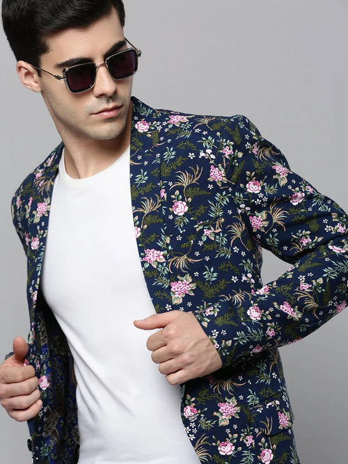 Men Navy Printed Blazer-SOBLZ-298-Navyblue