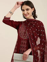 Women Maroon Floral Kurta Set-FS-2995-Maroon