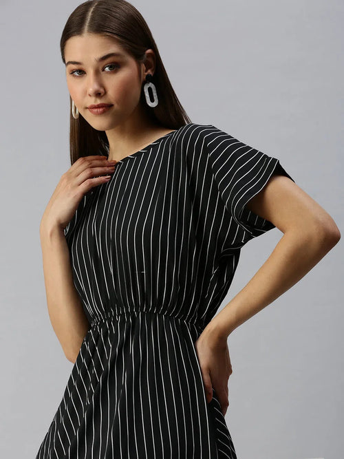 Women's Black Striped Fit and Flare Dress-AE-9873-Black