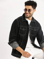 Men Black Spread Collar Solid Denim Jacket-IB-DJ-05-2-Black