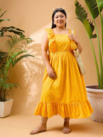 Women Yellow Schiffli Frill Shoulder Midi Dress