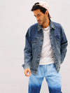 Men Blue Washed Relax Fit Denim Jacket