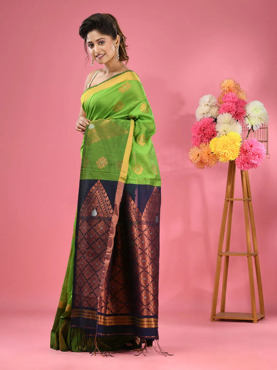 Parrot Green Cotton Blend Handwoven Saree With Nakshi Designs-MA51BCT431380014