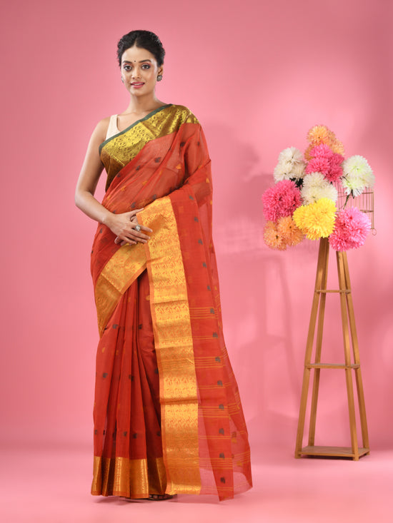 Brick Red Pure Cotton Tant Saree With Zari Border-MA51TT43490089