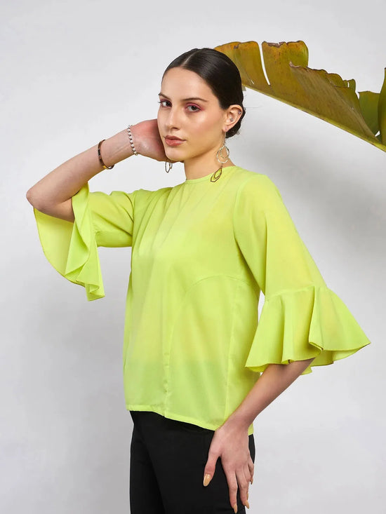 Women Lime Green Ruffle Sleeve Top