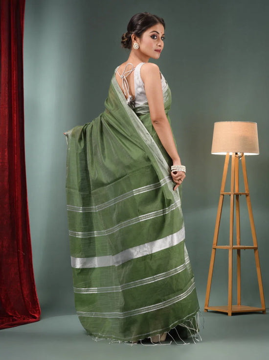 Sap Green Cotton Blend Handwoven Saree With Zari Border-MA50BCT40500132