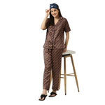 Smarty Pants Women's Silk Satin Chocolate Brown Color Aztec Printed Night Suit-SMNSP-882-S