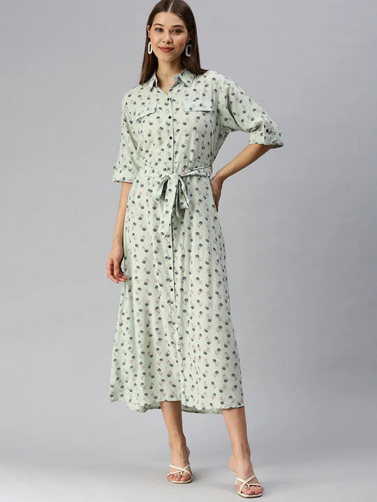 Women's Green Printed Shirt Dress-AE-444942-Green