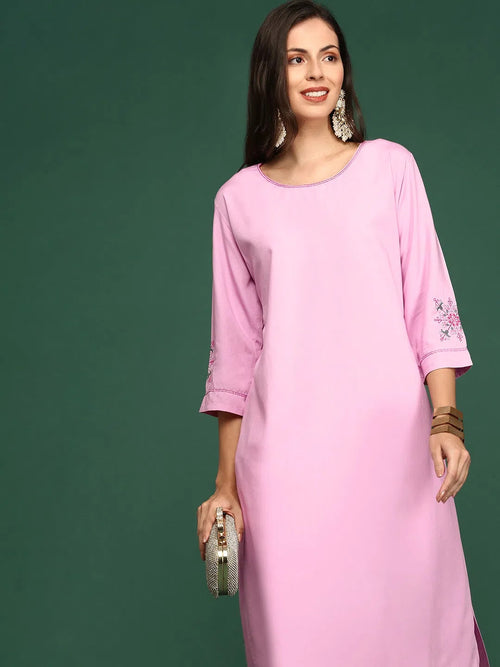 Women Pink Solid Straight Kurta-DF-1579-Pink