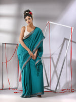 Teal Cotton Saree Wih Zari Border-MA55CT06540006