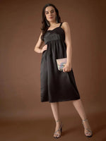 Corset Yoke Midi Dress in Black Color