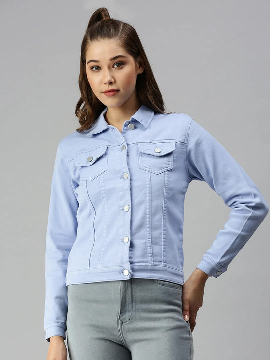 Women's Blue Solid Denim Jacket Jackets-LT-JKT19428B-Blue