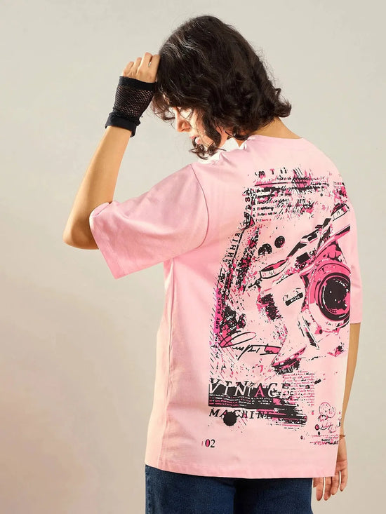 Women Pink Camera Printed Oversize T-shirt