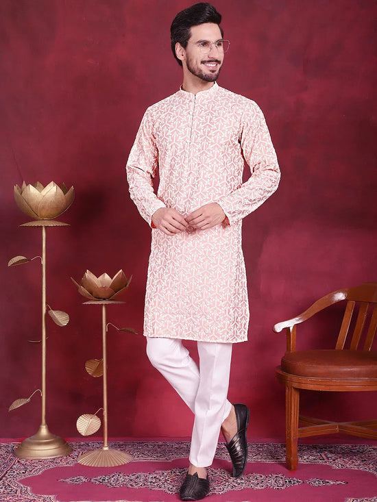 Men's Chikankari Embroidered Kurta Pyjama Set.-JOKP-5020Pink